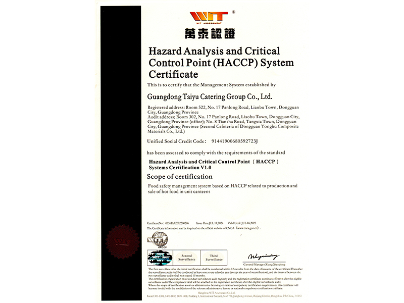 危害分析與關(guān)鍵控制點(diǎn)(HACCP)體系認(rèn)證英文證書